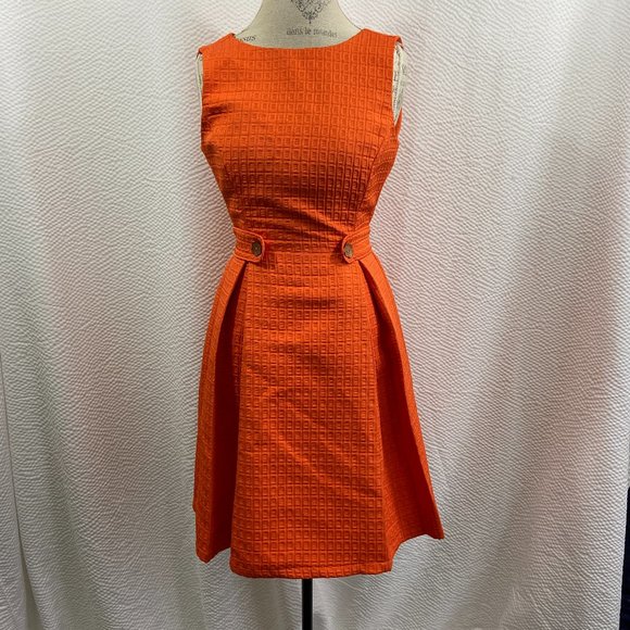 Modcloth 60's look A-Line Pleated Tangerine Orange Textured Lined Mini Dress - Picture 1 of 11